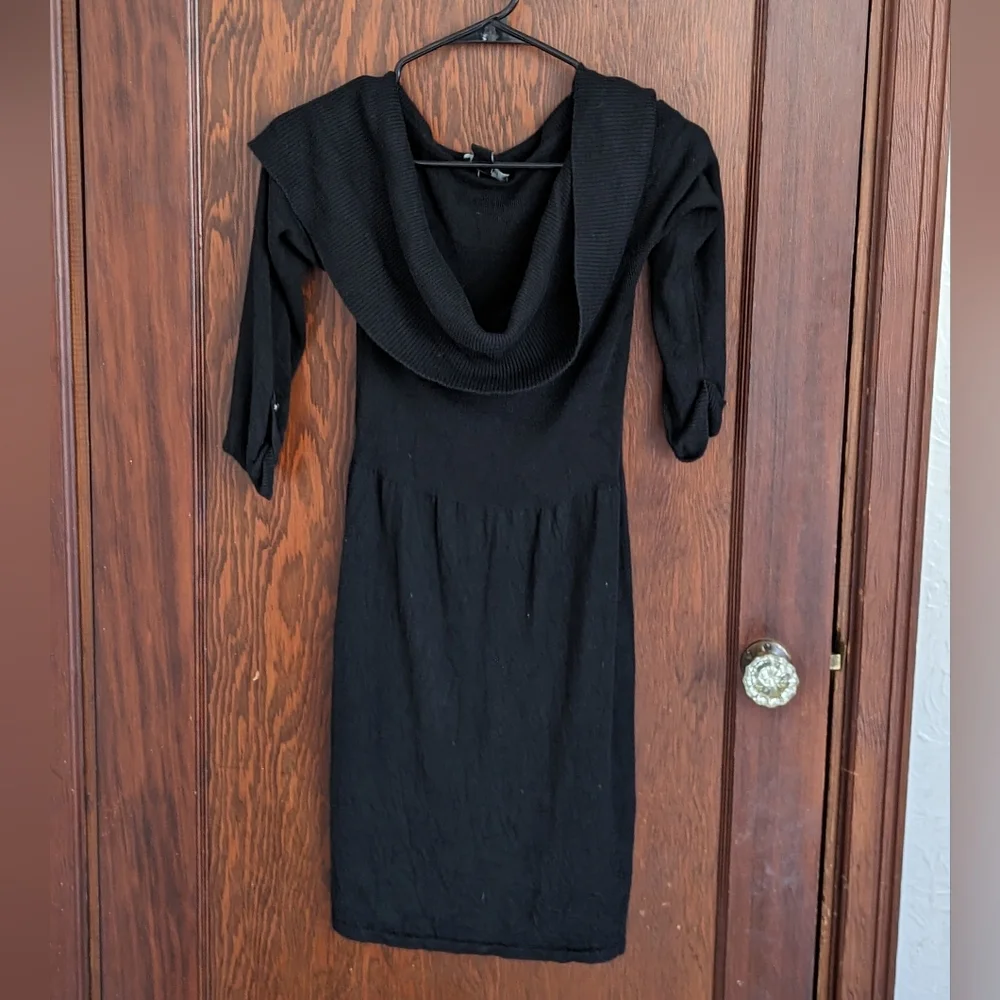 White House Black Market Black Silk Wool 3/4 Sleeve Cowlneck Sweater Dress Sz M